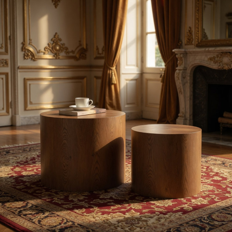 Ensemble de 2 tables basses gigognes rondes en bois pour table ronde, Brun