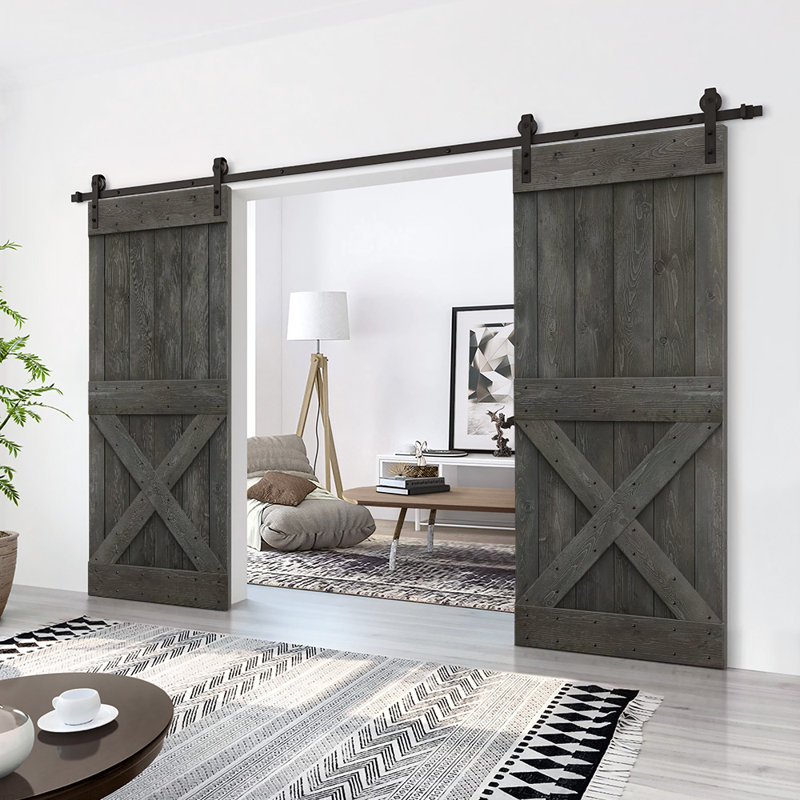 Porte de grange à panneaux et en bois avec quincaillerie d'installation, gris, 60 po x 84 po
