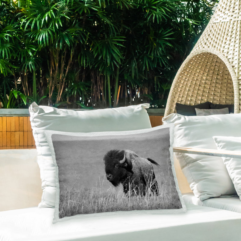 Coussin d'extérieur imprimé bisons avec roseaux par Steve Toole