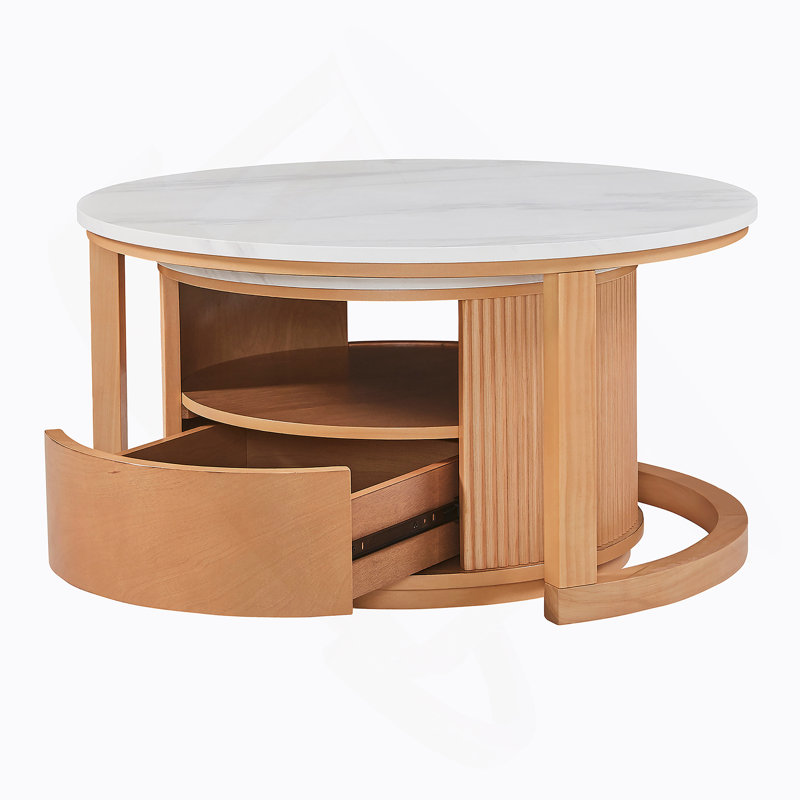 Élégante table basse gigogne avec plateau en marbre, rangement à deux niveaux et tiroir, idéale pour les espaces de vie organisés et élégants
