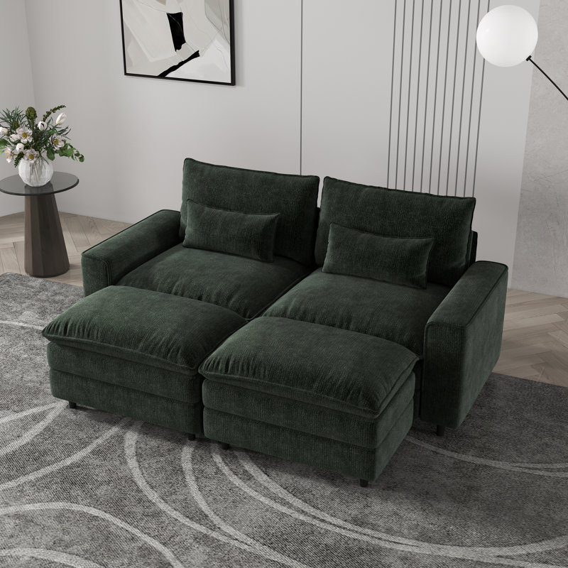 Canapé contemporain à 2 places en chenille profonde avec repose-pieds double et coussins lombaires - Confort polyvalent pour une vie moderne