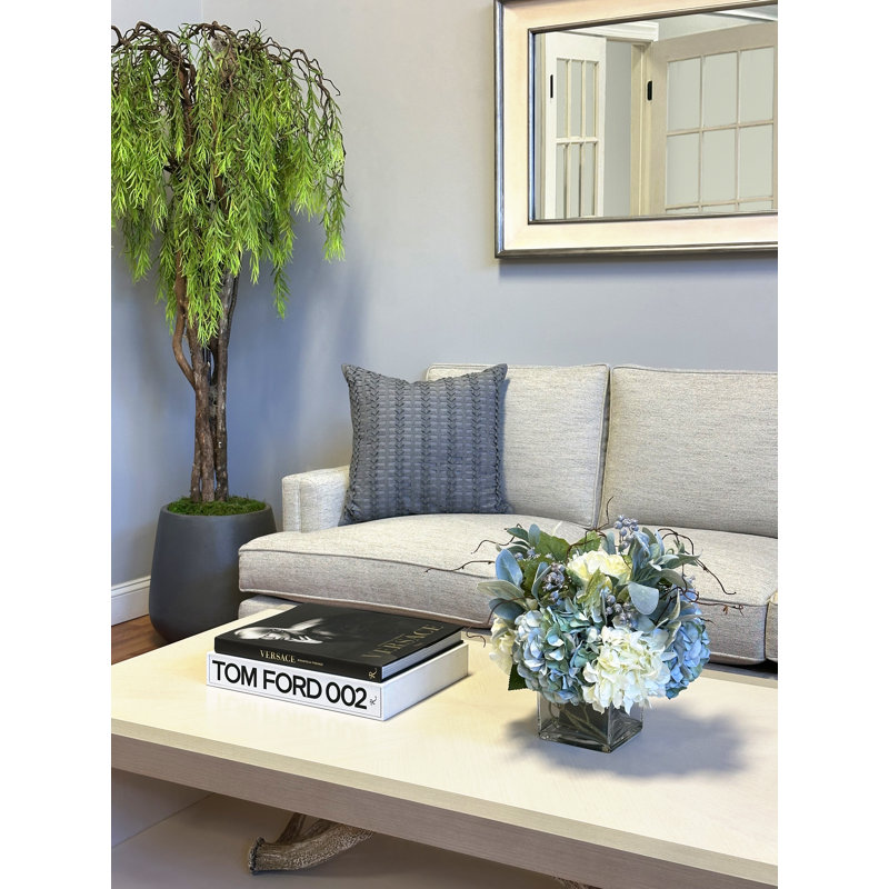 Assorted Hydrangea, Lamb''s Leaf And Vine Arranged In A Square Glass Vase