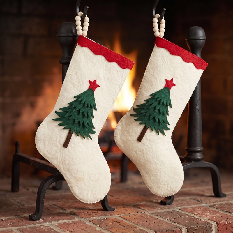 Hand Felted Wool Christmas Tree Stocking, Red/Green