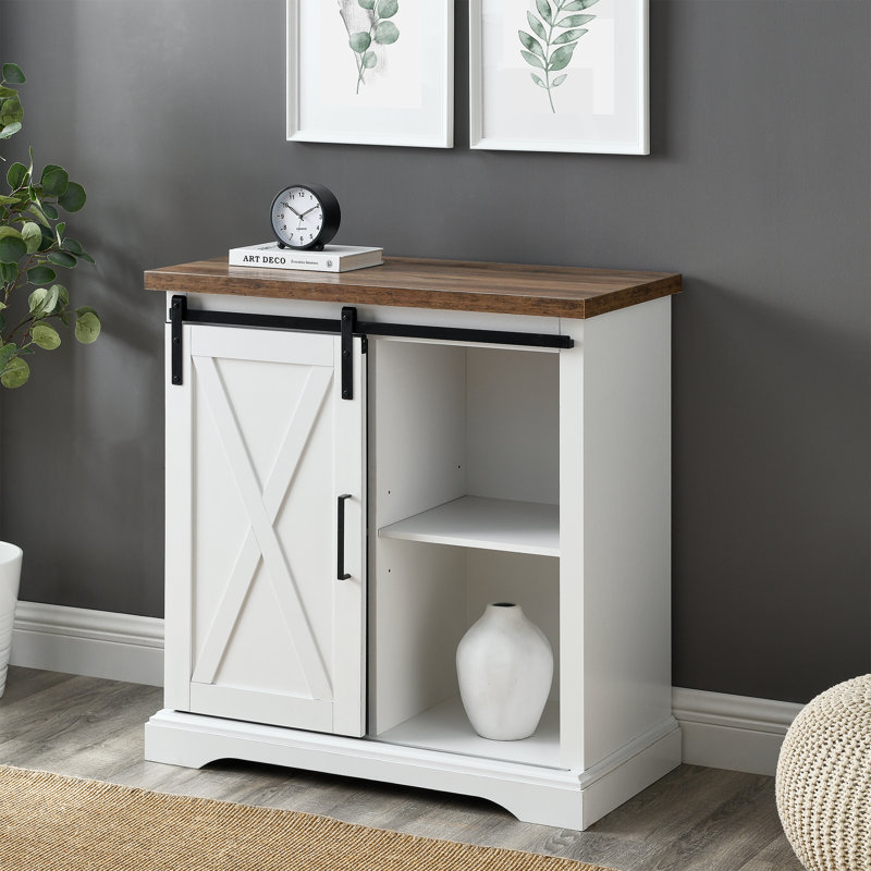 Stotfold Sliding Barn Door Accent Cabinet Server, Solid White/Rustic Oak
