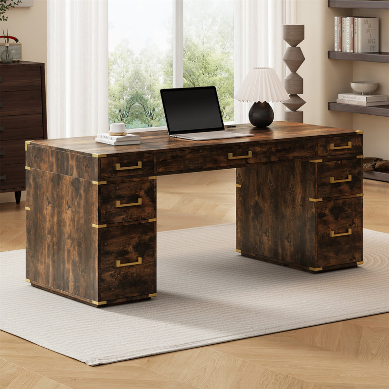 Antonny 70" Executive Desk with 7 Drawers & Built-in USB Ports and Outlets, Home Office Desk, Brown/Gold