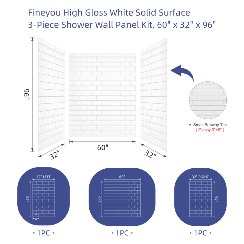 60" X 32"w Shower Combo Kits With Three Pics Gloss White Shower Walls and Shower Base