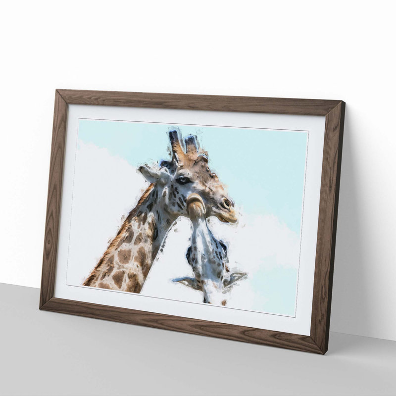 Giraffe with Calf - Picture Frame Painting Print, 62cm H x 87cm W x 2cm D, Walnut Framed