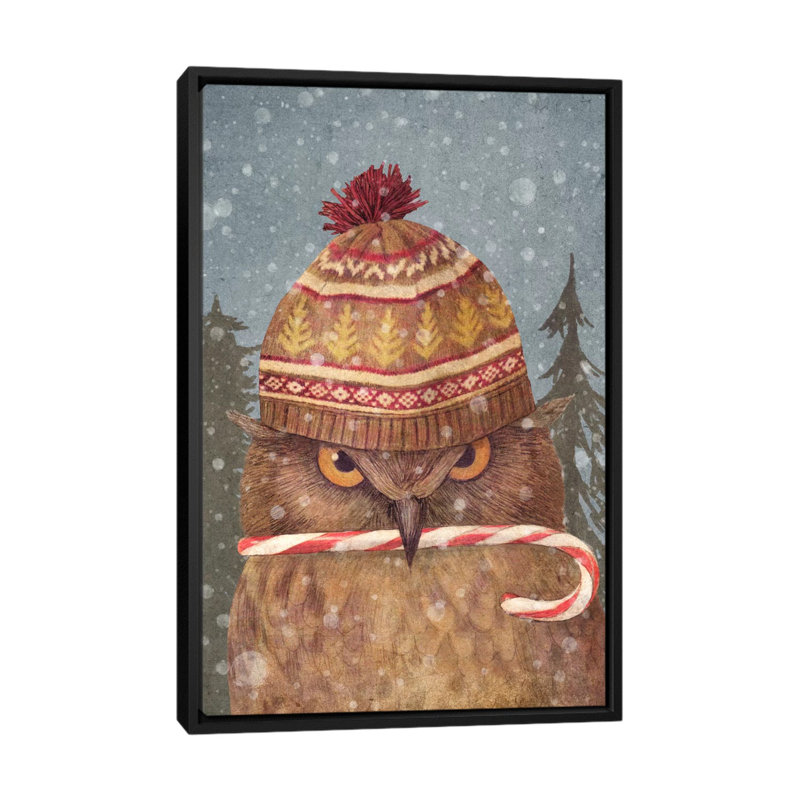 «Christmas Owl», impression sur toile tendue, H 26 po x l 18 po x P 1,5 po, Toile avec cadre noir, Pas de tapis
