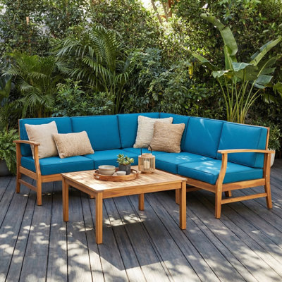 Allieana Modern Acacia Wood 6-Piece Outdoor Sectional Seating Group with Water-Repellent Cushions and Modular Latch Design