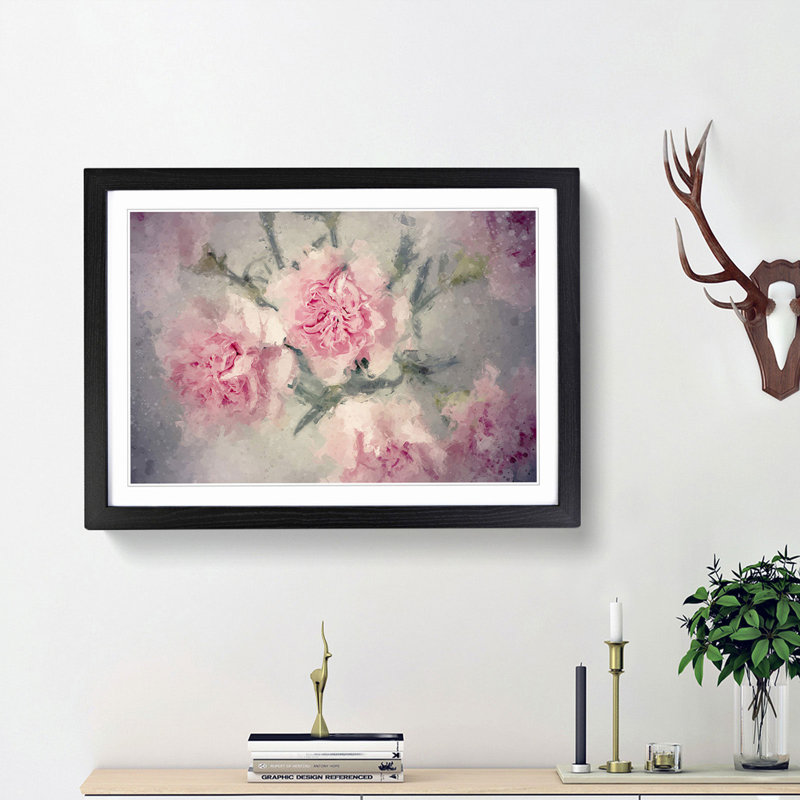 Pale Pink Carnation Flowers in Abstract - Framed Print, 48cm H x 65cm W x 2cm D, Black Framed