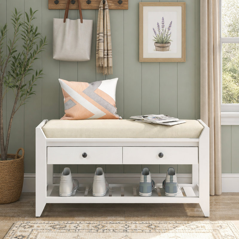 Range-chaussures avec siège rembourré et tiroirs, banc de rangement polyvalent pour entrée, Blanc, Blanc