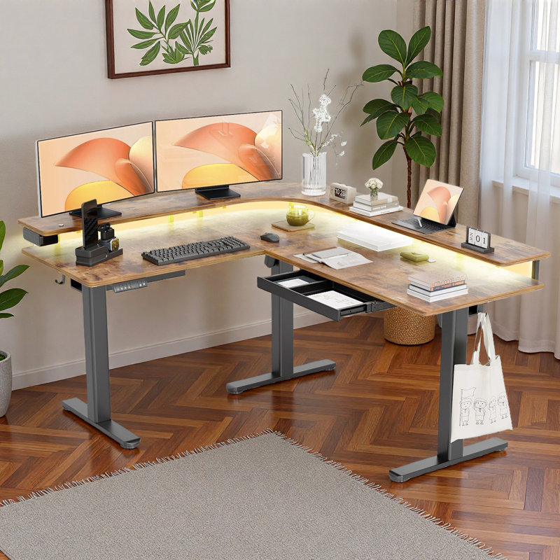63" L Shaped Standing Desk with Drawers, Power Outlet and LED Lights, Height Adjustable, Rustic Brown
