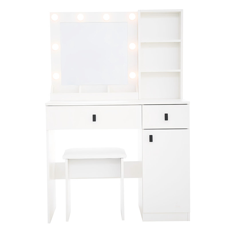 Bedroom Vanity With Lights And Shelves - White Makeup Featuring Large Drawers, Hidden Storage, Adjustable Brightness For A Neat Look Modern Desk 2 Drawers Storage Area