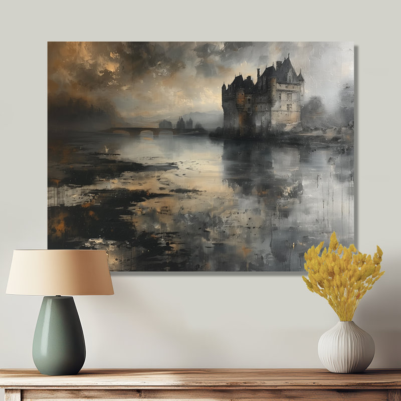 Impression sur toile grise noire et rustique au bord du lac I - Châteaux, Toile tendue, H 12 po x l 20 po x P 1 po