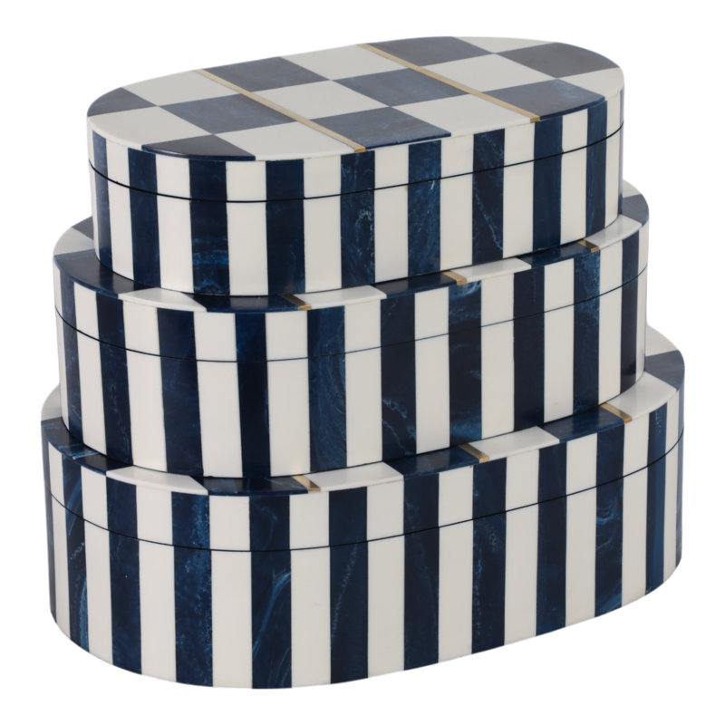 Decorative Bone Inlay Storage Boxes with Lids - Handmade Oval Trinket Boxes for Elegant Organization - Set of 3.