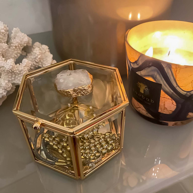Hexagonal Mirrored All-Natural Agate Stone Glass Jewellery Box