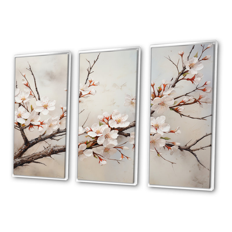 Minimalisme sur fond de cerisier beige II, Cadre flottant blanc, H 40 po x l 60 po x P 1 po