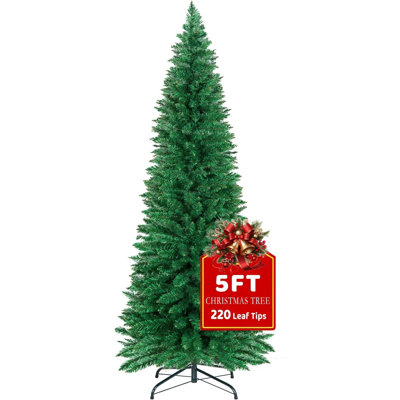 Sapin de Noël artificiel de 1,5 m (5 pi) en forme de crayon, avec 220 pointes de feuilles, sapin de Noël vert au profil élancé et support pliable en métal pour la décoration de Noël.