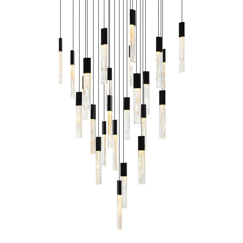 Lustre moderne intégré intégré 28 po à DEL avec verre texturé fait à la main pour le salon et la salle à manger, Noir