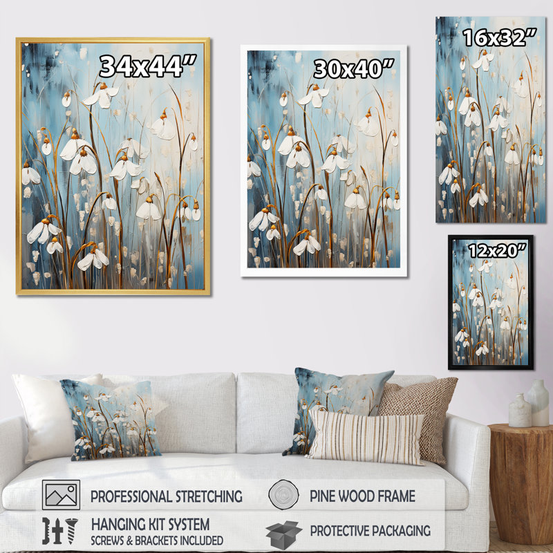 " White And Blue Snowdrops Simplicity ", Black Single Picture Framed, 40" H x 30" W x 1.5" D
