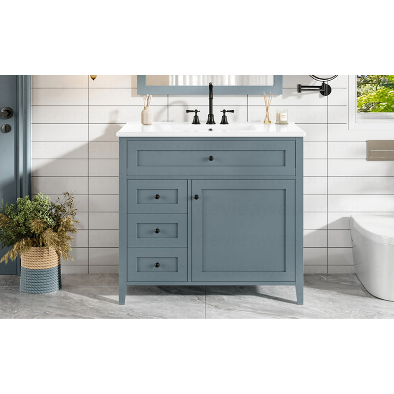 Meuble-lavabo bleu gris 36 po avec lavabo, panneau de fibres à densité moyenne moderne et bois d'hévéa avec 3 tiroirs et tablette réglable, meuble-lavabo autoportant pour le rangement et l'organisation de la salle de bain