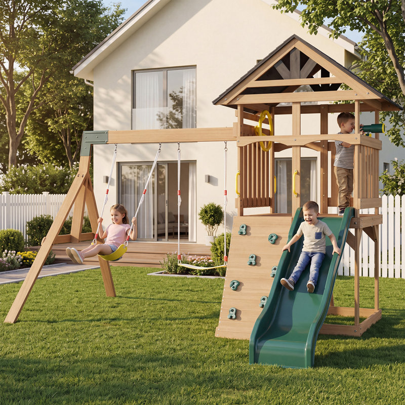 Balançoire en bois avec glissade, mur d'escalade et cabane de jeux — Aire de jeux extérieure pour enfants