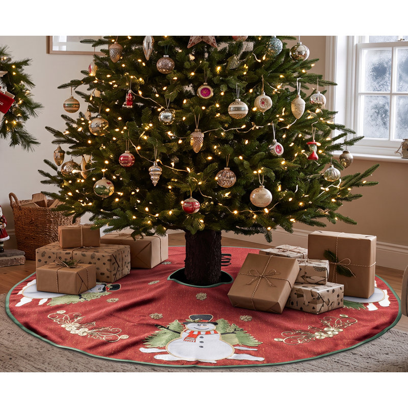 Round Christmas Tree Skirt Holiday Snowmen and Scrollwork on Red 48 Inch