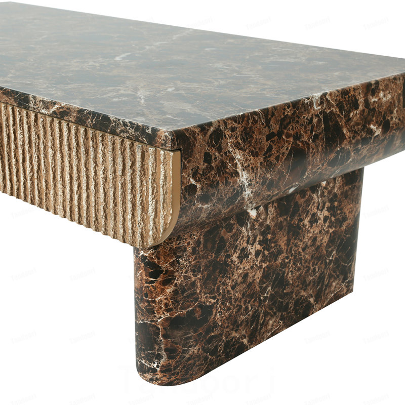 Table basse 47 po avec plateau en faux bois imitation marbre, table basse contemporaine rectangulaire avec tiroir cannelé pour le salon, le bureau