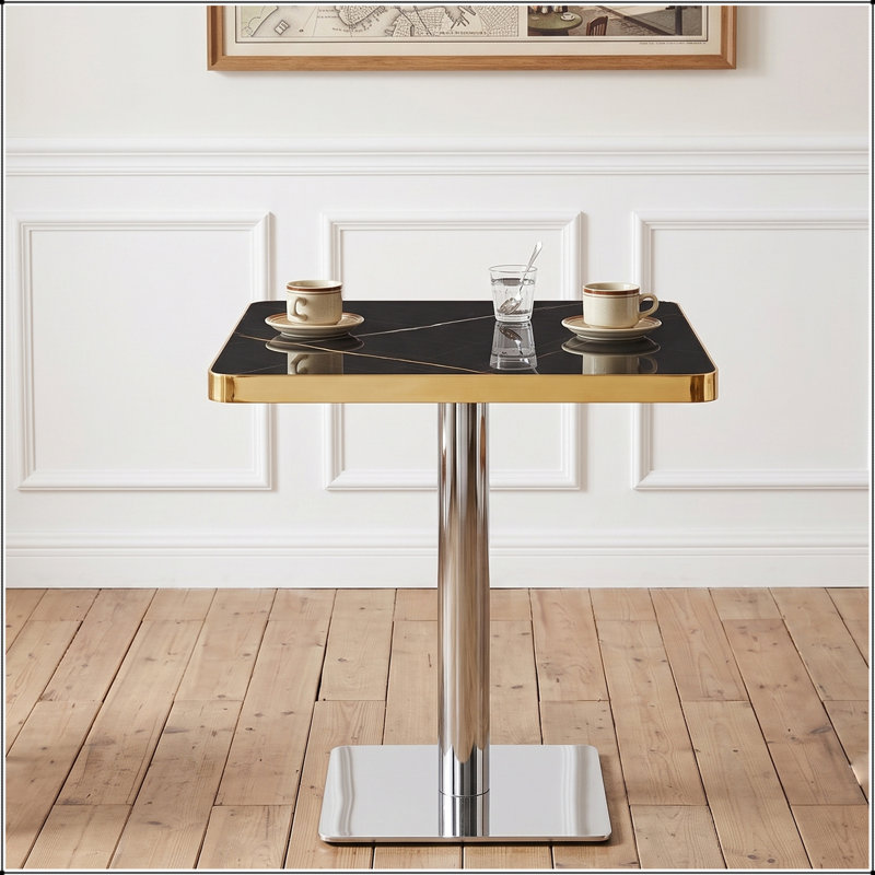 Table bistro carrée 24 "avec plateau en faux marbre noir, Noir / argenté