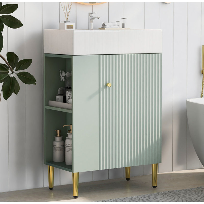 Meuble-lavabo vert 21,6 po, armoire combinée, meuble de rangement pour salle de bain, lavabo simple en céramique, rangement sur le côté gauche