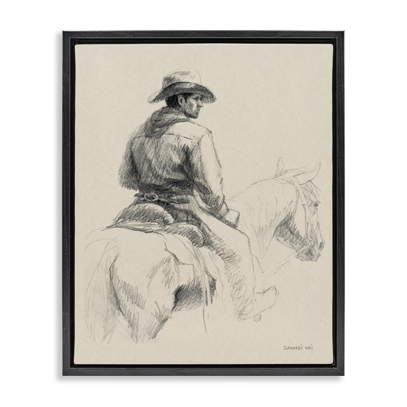  Cowboy et cheval croquis, art mural sur toile flottante par Danhui Nai, Cadre flottant noir de jais, H 21 po x l 17 po