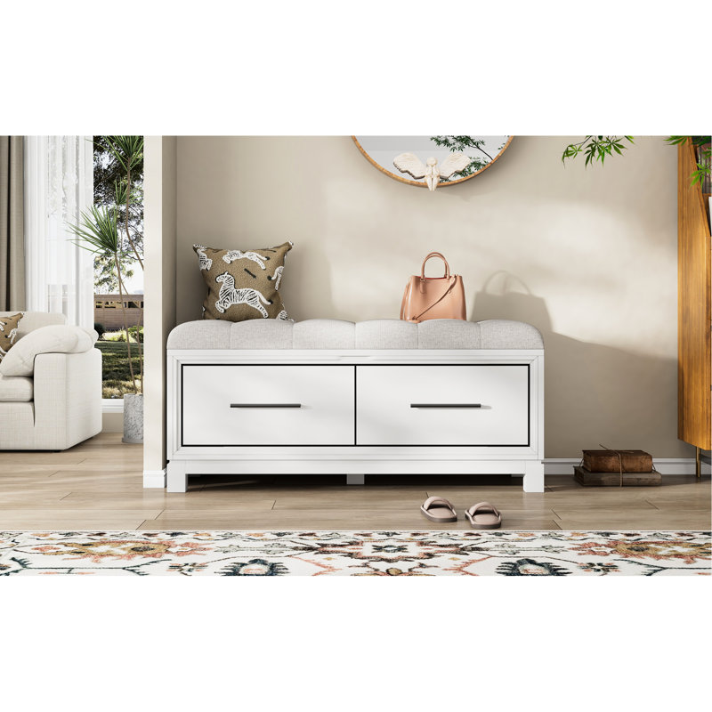 Banc d'entrée blanc pour chaussures avec rangement spacieux et housse de coussin amovible en bois de pin spacieux et confortable - pour le salon