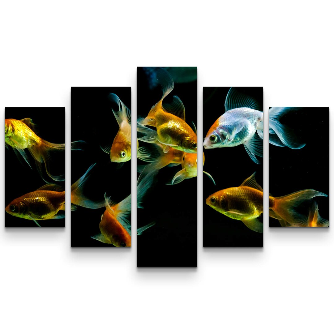 5-tlg. Leinwandbilder-Set Goldfische auf schwarzem Hintergrund