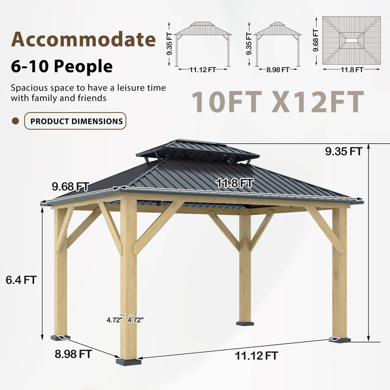 Patio Cedar Wooden Gazebo with Galvanized Steel Hardtop, 9.35' H x 12' W x 10' D