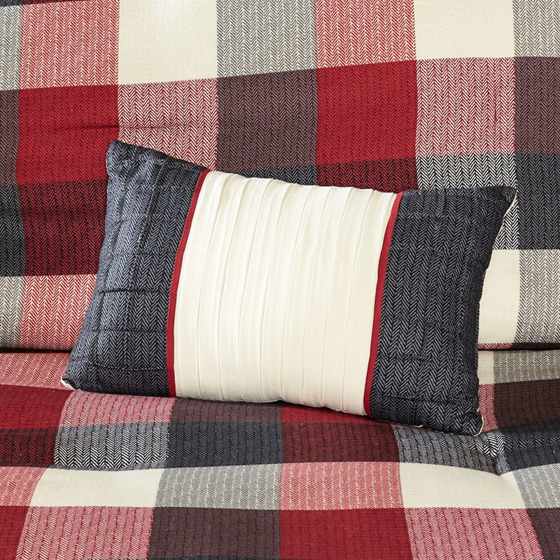 Couette 7 pièces pour lit King - Motif à chevrons rouges et à carreaux Buffalo avec accents