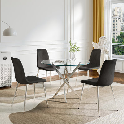 36" Round Glass Dining Set, Modern Cross Stainless Steel Base and 4 Velvet Upholstered Dining Chairs
