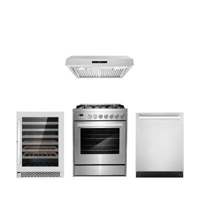 Cosmo 4 Piece Kitchen Appliance Package with 30'' Gas Freestanding Range , Built-In Dishwasher , Under Cabinet Range Hood , and Wine Refrigerator -  COS-4PKG-614