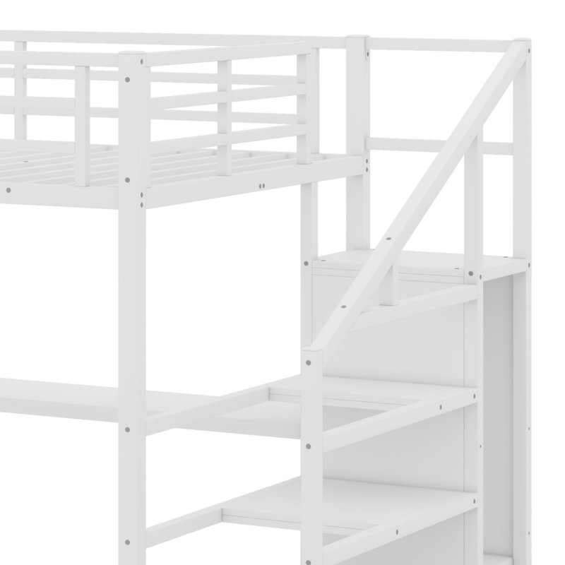 Lit mezzanine avec bureau en L et port USB, tablette de garde-robe et DEL, Blanc