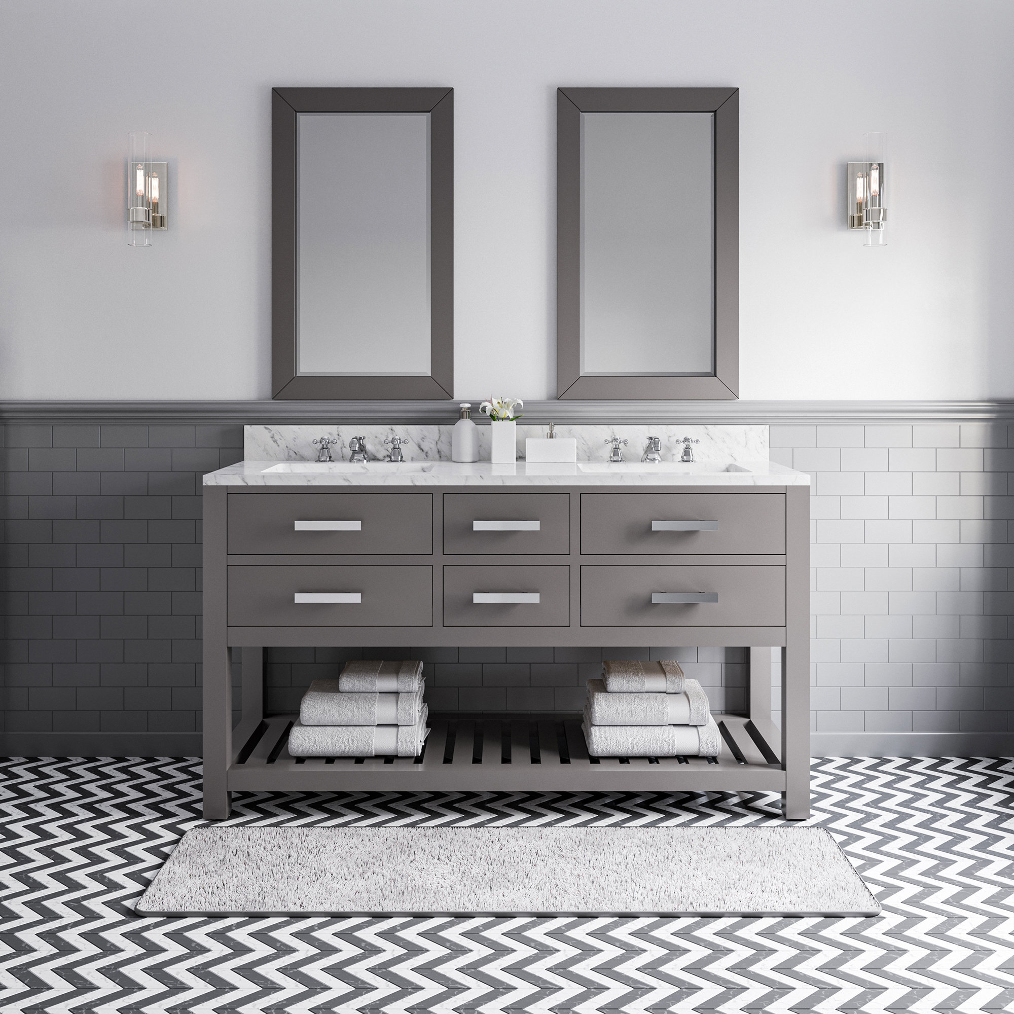 Parmer 60" Carrara White Marble Countertop Bath Vanity with Mirror, Gray, 34" H x 60" W x 21.5"D