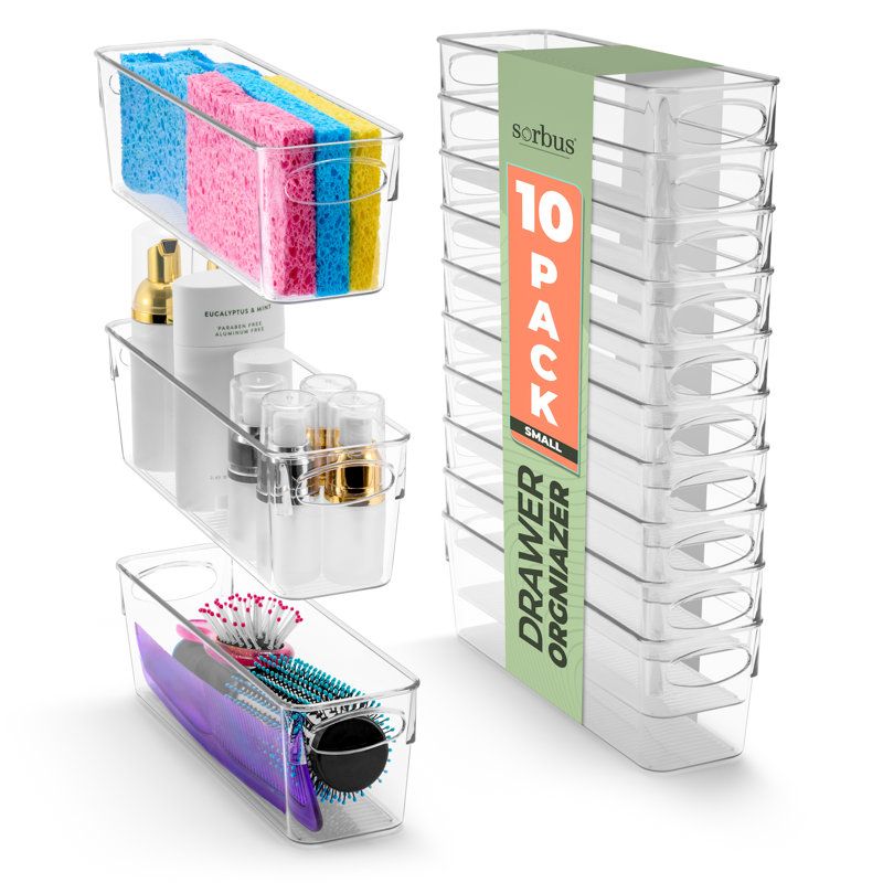 Sorbus 10 Pack Narrow Clear Plastic Storage Bins with Handles for Shelves, Small, 3" H x 3" W x 9.5" D