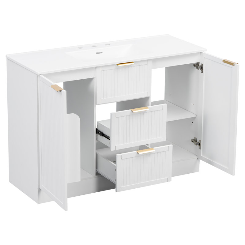 Meuble-lavabo simple blanc moderne de 48 po avec étagères réglables et charnières à fermeture en douceur