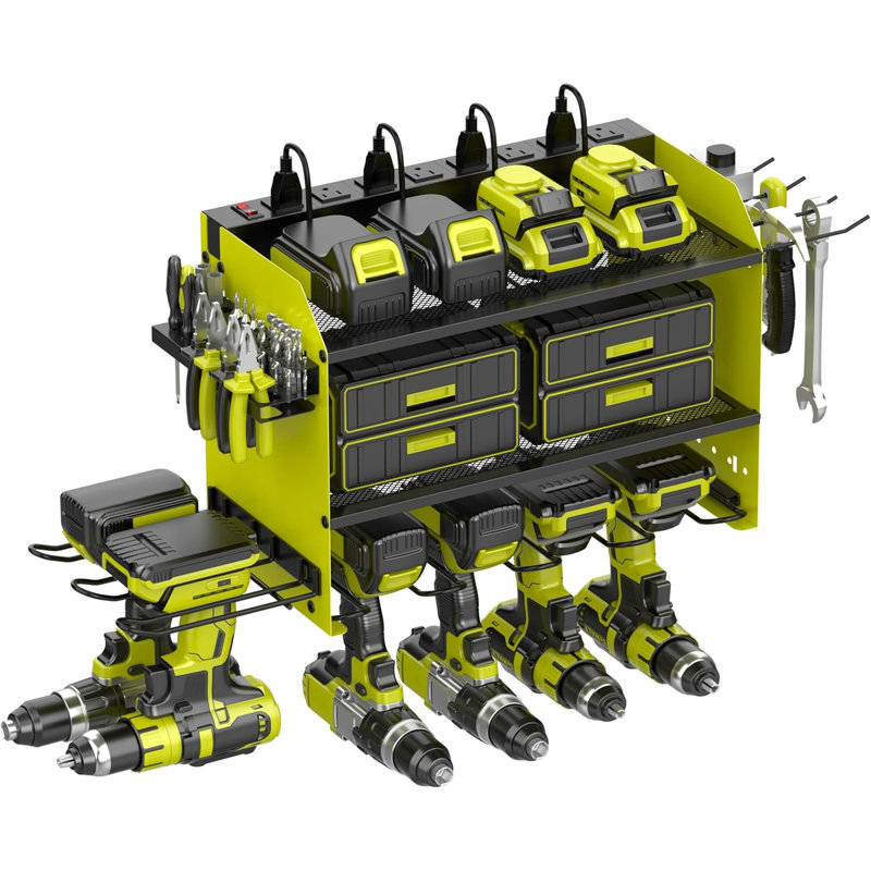 Wall Mounted Drill Organizer With Power Strip - Holds 4 Drills, Bits And Batteries