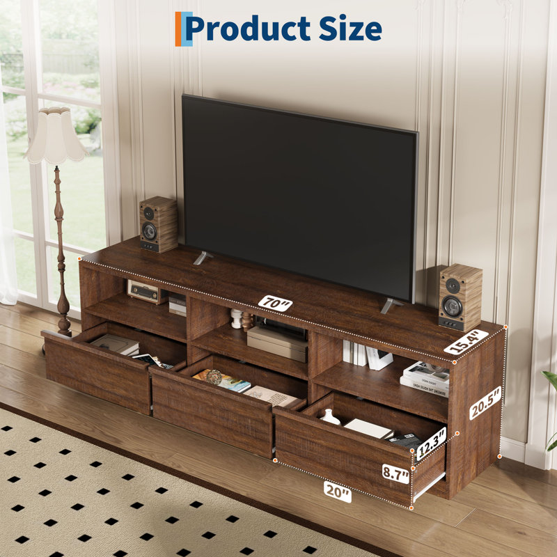 Mid Century Modern TV Stand for 65 70 75 Inch TVs, Industrial Entertainment Center with 3 Drawers & Open Shelves, Sturdy MDF for Living Room & Bedroom