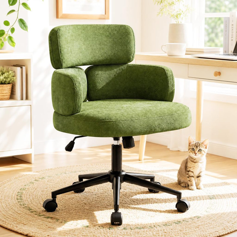 Upholstered Swivel & Adjustable Height Office Chair, Clover-shaped Desk Chair with Armrest, Green