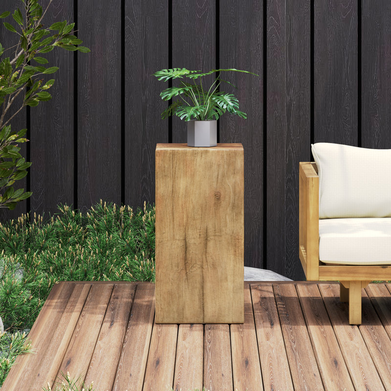  27.75" Square-Column MGO End Table, Distressed Wood-Look Pedestal for Indoor/Outdoor Use, Natural, Brown