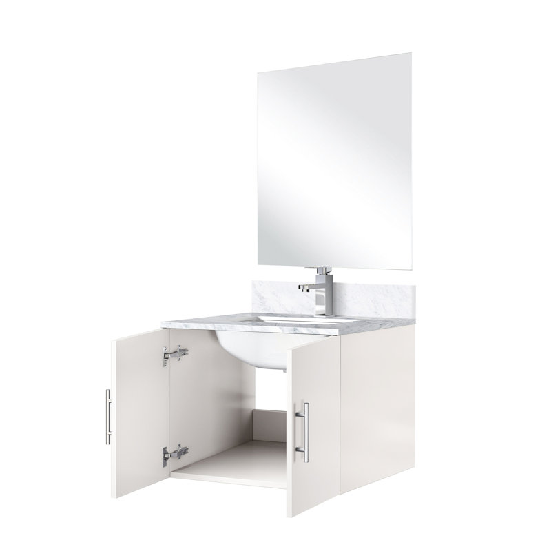 24 po L x P 22 po. Meuble-lavabo blanc brillant avec comptoir en marbre, robinet et 18 miroirs, surface de travail D, comptoir et robinet