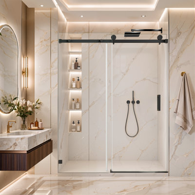 Kavrton 57"-61" W X 79" H Single Sliding Shower Door, Frameless Shower Door in Matte Black, 3/8"(10mm) SGCC Certified Tempered Clear Glass