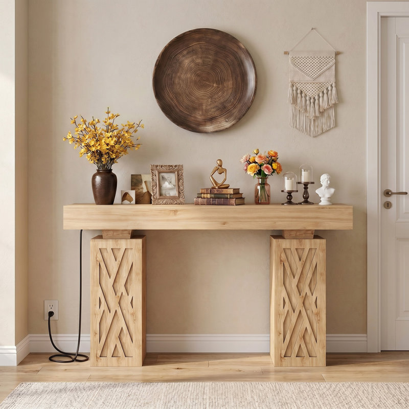 47" Console Table With Reversible Outlets & RGB Light, Thick Entryway Table With Hollow Carved Storage Legs, Beige Wood