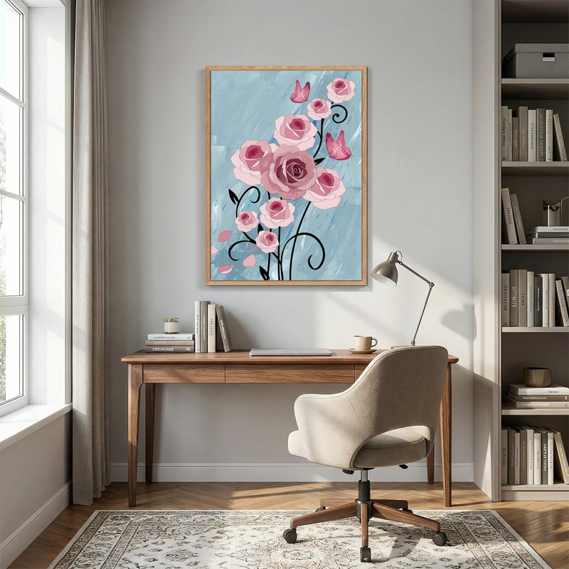 «Pink Roses and Butterflies on Blue», art mural sur toile, 48"H x 36"W