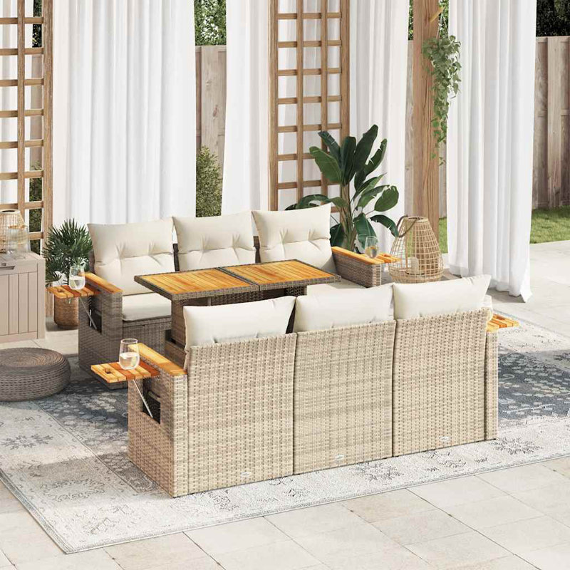  7 Piece Garden Sofa Set With Cushions Beige Poly Rattan Acacia